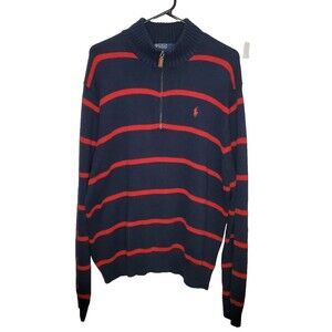 Polo Ralph Lauren Sweater Men's Size Large Quarter Zip Navy Blue Red Striped